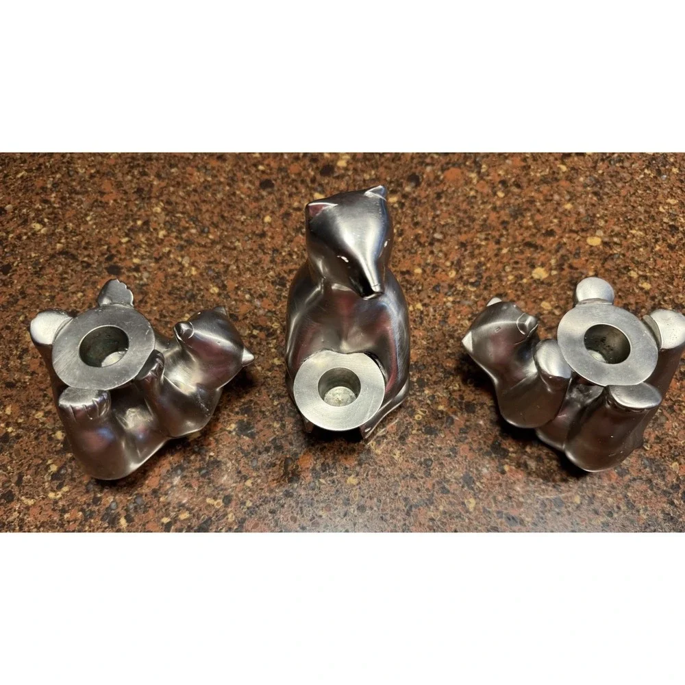 Restoration Hardware Bears Taper Candle Holder Set 3 Silver Metal Figural Decor